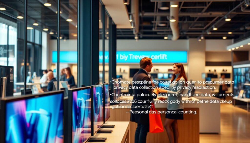 A modern storefront with large glass windows displays various electronic devices. The foreground features a lineup of televisions, their sleek frames and vibrant displays catching the eye. The middle ground showcases a customer service counter, where a friendly attendant is assisting a shopper, discussing the store's privacy policies and data collection requirements. The background gently fades into the store's interior, with shelves and displays of other consumer electronics. The lighting is warm and inviting, creating a welcoming atmosphere for customers. The overall scene conveys a sense of transparency and trust, with the store's policies on personal data handling prominently featured. A modern storefront with large glass windows displays various electronic devices. The foreground features a lineup of televisions, their sleek frames and vibrant displays catching the eye. The middle ground showcases a customer service counter, where a friendly attendant is assisting a shopper, discussing the store's privacy policies and data collection requirements. The background gently fades into the store's interior, with shelves and displays of other consumer electronics. The lighting is warm and inviting, creating a welcoming atmosphere for customers. The overall scene conveys a sense of transparency and trust, with the store's policies on personal data handling prominently featured.