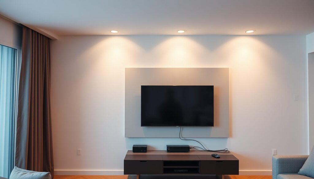 A neatly arranged living room with a modern flat-screen television mounted on the wall. Cables are expertly hidden behind a clean, white wall-mounted cable management system, blending seamlessly with the sleek, minimalist décor. Subtle recessed lighting illuminates the space, creating a warm, inviting atmosphere. The television is positioned at the optimal viewing angle, and the cable management solution appears effortless, preserving the aesthetic appeal of the room.