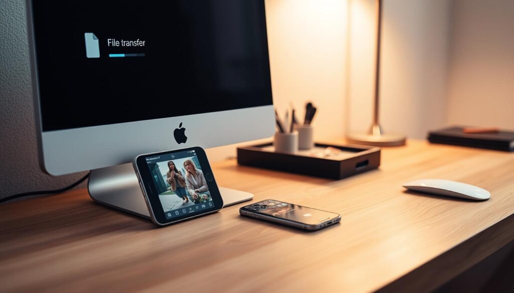 A sleek, contemporary personal computer on a wooden desk, with an iPhone placed prominently next to it. The computer screen displays file transfer progress, indicating the seamless transfer of photographs from the iPhone to the computer. The desktop is minimalist, with a few office supplies neatly organized. Soft, warm lighting illuminates the scene, creating a cozy and productive atmosphere. The overall composition emphasizes the effortless integration of technology, highlighting the simplicity of the process of transferring photos from an iPhone to a computer. A sleek, contemporary personal computer on a wooden desk, with an iPhone placed prominently next to it. The computer screen displays file transfer progress, indicating the seamless transfer of photographs from the iPhone to the computer. The desktop is minimalist, with a few office supplies neatly organized. Soft, warm lighting illuminates the scene, creating a cozy and productive atmosphere. The overall composition emphasizes the effortless integration of technology, highlighting the simplicity of the process of transferring photos from an iPhone to a computer.