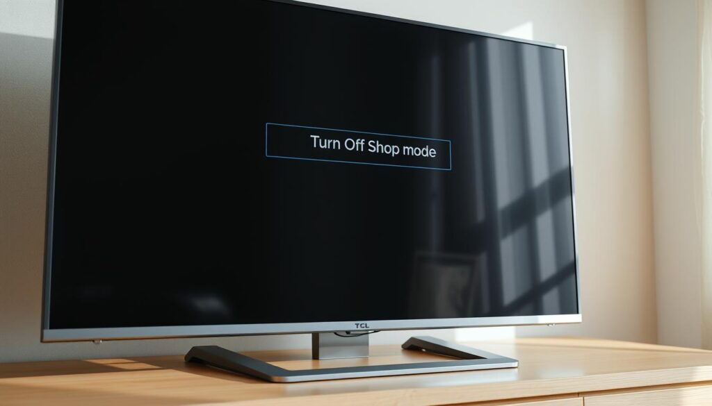 A sleek, modern TCL television set, displayed on a clean, minimalist wooden surface. The screen shows a menu with an option to "Turn Off Shop Mode". The television's frame is slim and silver, with a clear, high-definition display. The lighting is soft and natural, creating a warm, inviting atmosphere. The scene is shot from a slightly elevated angle, giving a clear view of the television's interface and settings. The background is blurred, keeping the focus on the television and its menu options.