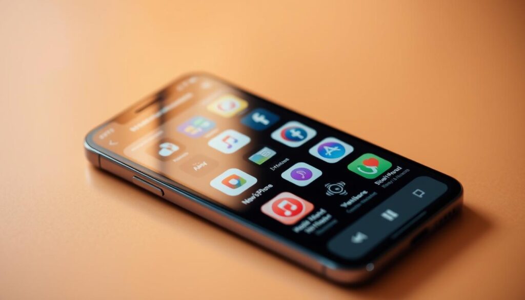 A sleek, modern iPhone screen displaying a selection of the most popular music downloading apps, arranged in a visually appealing grid layout. The apps' icons and user interfaces are clearly visible, showcasing their intuitive designs and capabilities. The screen is bathed in a warm, soft lighting, creating a inviting and premium atmosphere. The background is subtly blurred, keeping the focus on the apps themselves. The overall composition strikes a balance between technology, simplicity, and aesthetic appeal, perfectly matching the subject and title of the article section.