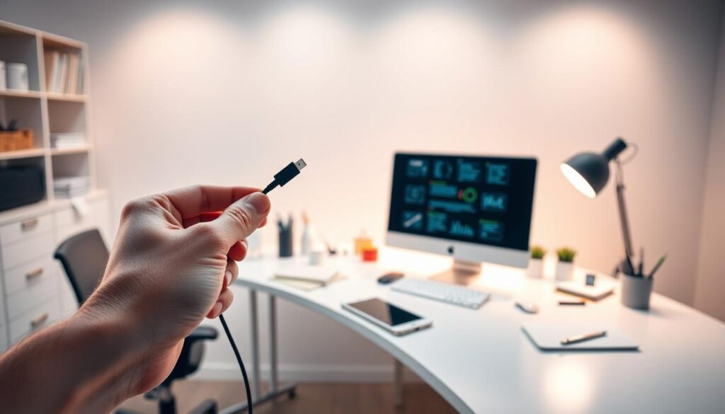 A sleek, modern office workspace with a desktop computer, smartphone, and various office supplies arranged neatly. The lighting is soft and warm, creating a focused, productive atmosphere. In the foreground, a hand holds a cable or connector, symbolizing the act of transferring data between devices. The middle ground features the smartphone and computer, representing the two devices involved in the data transfer process. The background showcases a minimalist, clean design with hints of technology, suggesting a seamless, efficient digital environment.
