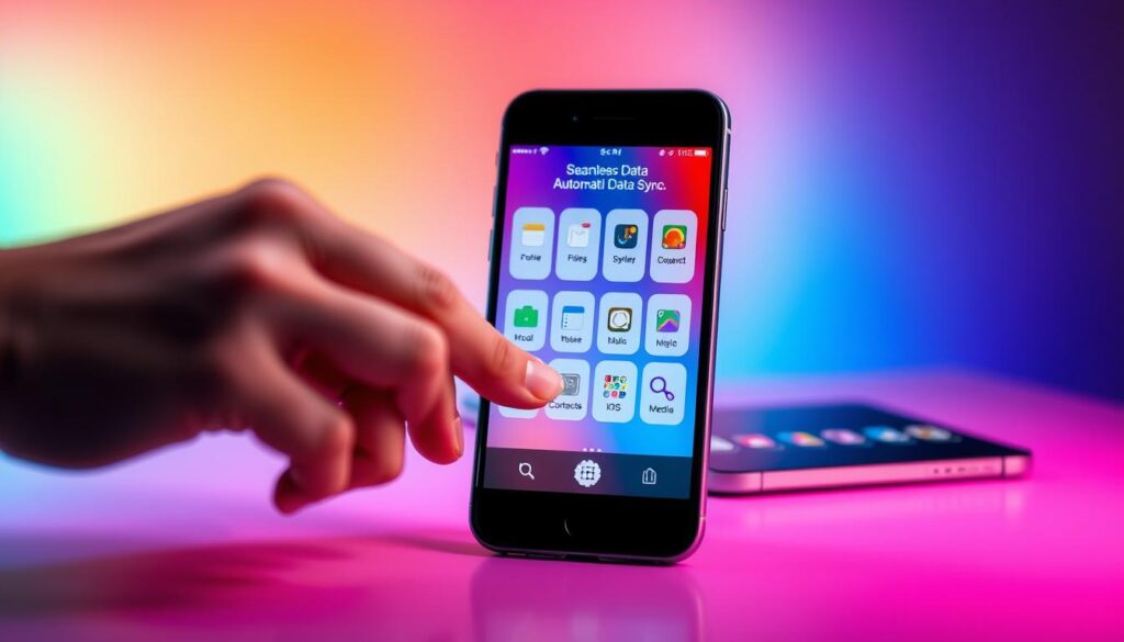 A sleek, modern smartphone interface showcasing a seamless data transfer process between Android and iOS devices. In the foreground, a hand gently taps an intuitive mobile app, initiating the automatic data sync. The middle ground features stylized icons and visualizations representing files, contacts, and media being smoothly transmitted. The background bathes the scene in a vibrant, gradient-rich ambiance, evoking a sense of technological sophistication and connected convenience. Crisp lighting and a shallow depth of field draw the viewer's focus to the core interaction, communicating the ease and efficiency of this cross-platform data migration.