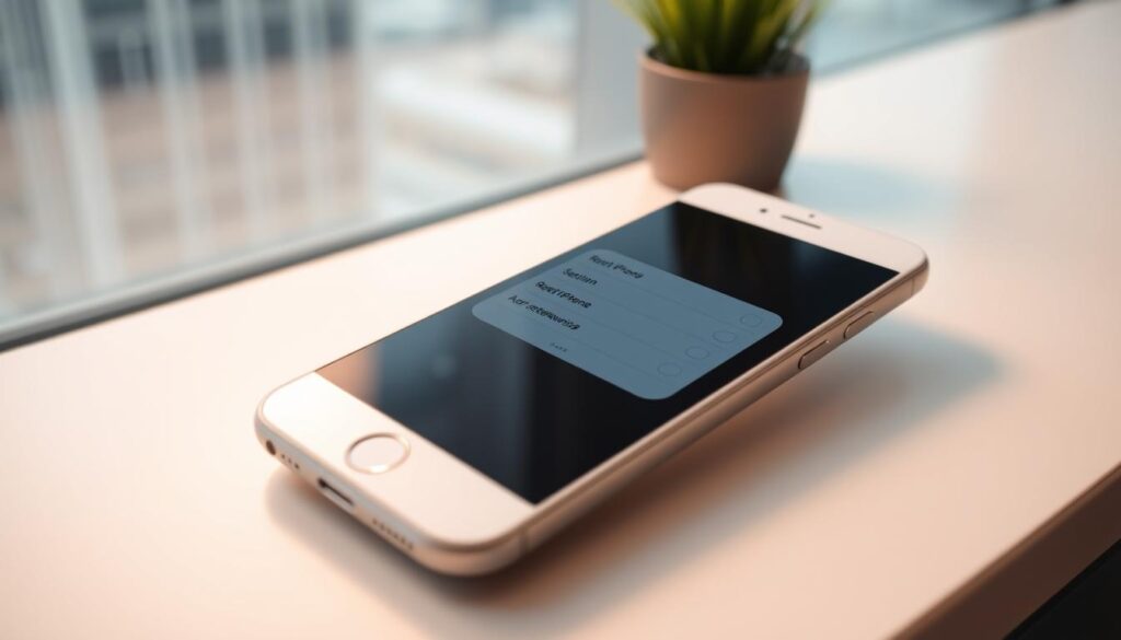 A sleek, silver iPhone rests on a clean, minimalist desk, its screen displaying the familiar "Reset iPhone" menu. The device is bathed in warm, diffused lighting, creating a sense of focus and clarity. In the background, a blurred cityscape or office scene suggests the professional context. The overall composition conveys a straightforward, step-by-step approach to resetting the iPhone to its factory settings, reflecting the article's topic and the section title "Metody resetowania iPhone'a".