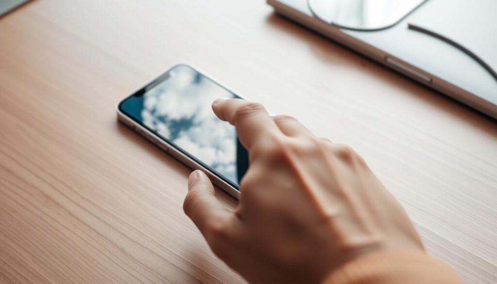 A sleek, silver iPhone rests on a minimalist wooden desk, its screen reflecting a serene, cloud-filled sky. In the foreground, a hand hovers over the phone, contemplating a factory reset. The image evokes a sense of tranquility and purpose, as if the user is about to embark on a clean slate, a fresh start for their device. Soft, natural lighting bathes the scene, emphasizing the simplicity and importance of this moment. The background fades into a soft blur, allowing the iPhone to take center stage, a symbol of the user's decision to reset and revitalize their digital life.