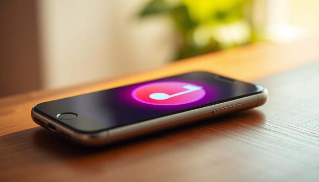 A smartphone resting on a wooden table, its screen displaying a vibrant, colorful music note icon - the classic iPhone ringtone symbol. The device is bathed in warm, natural lighting, casting a soft glow across the scene. The background is blurred, drawing the viewer's attention to the phone's screen and the iconic ringtone indicator. The composition is balanced, with the smartphone positioned slightly off-center, creating a sense of dynamic tension. The overall mood is one of simplicity and familiarity, reflecting the ubiquity of the iPhone ringtone in modern daily life. A smartphone resting on a wooden table, its screen displaying a vibrant, colorful music note icon - the classic iPhone ringtone symbol. The device is bathed in warm, natural lighting, casting a soft glow across the scene. The background is blurred, drawing the viewer's attention to the phone's screen and the iconic ringtone indicator. The composition is balanced, with the smartphone positioned slightly off-center, creating a sense of dynamic tension. The overall mood is one of simplicity and familiarity, reflecting the ubiquity of the iPhone ringtone in modern daily life.