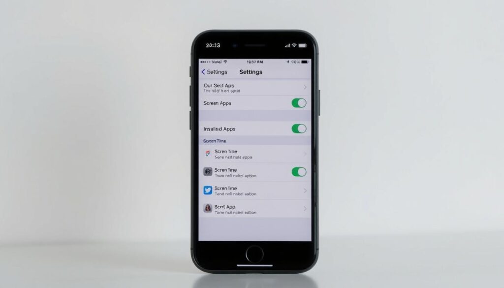 A smartphone screen displaying the settings interface for an iPhone, with a focus on the "Screen Time" section. The foreground shows a list of installed apps, with a hand-drawn icon indicating the selected app. The middle ground features a blurred background of the iPhone's home screen, with app icons and a simplified notification interface visible. The background has a slightly muted, minimalist color palette, creating a sense of calm and focus on the app blocking controls. Soft, diffused lighting illuminates the scene, creating a clean and professional atmosphere suitable for an informational article illustration.