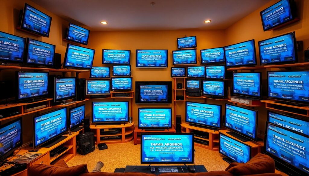 A sprawling, angled view of a living room filled with various 50-inch television sets, each displaying a unique opinion or review on their screens. The sets are arranged in a dynamic, asymmetrical layout, with some positioned on shelves, others mounted on the walls. Diffuse, warm lighting casts a cozy glow, highlighting the diverse range of screen sizes, brands, and features. The overall scene conveys a sense of an informed, discerning consumer market, with each television offering a different perspective on the 50-inch TV landscape.