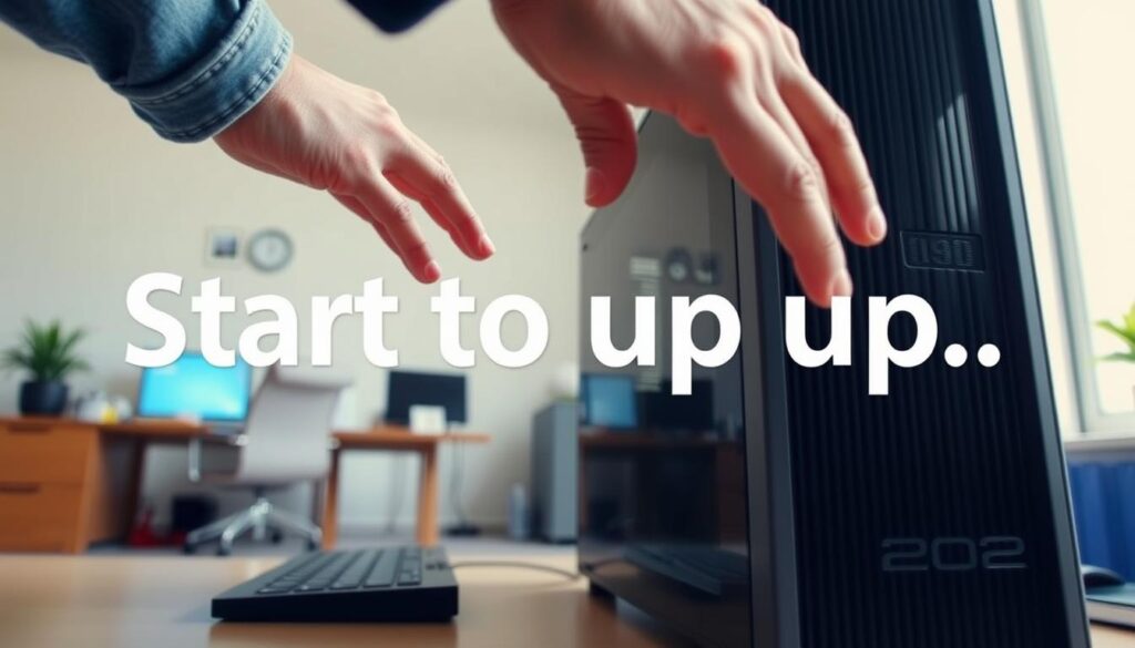 A step-by-step tutorial on starting up a desktop computer. The foreground shows a person's hands reaching to power on the computer, with a close-up view of the power button. The middle ground depicts the computer itself, a modern tower PC with sleek, minimalist design. The background showcases a clean, well-lit home office setting, with a desk, chair, and other office accessories visible. The lighting is soft and natural, creating a calm, informative atmosphere. The angle is slightly elevated, providing a clear, accessible view of the computer startup process. The overall composition guides the viewer's eye through the sequence of steps required to boot up the system.
