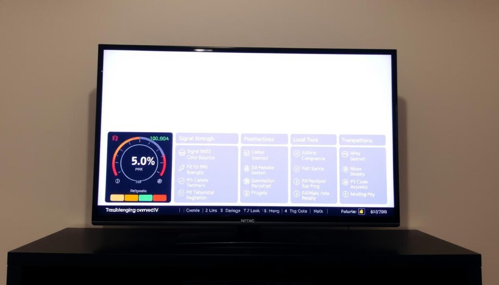 A television diagnostic screen with a clean, minimal interface showcasing key performance metrics. The screen is well-lit, with a crisp, high-resolution display. The foreground features a central dashboard with readouts for signal strength, color balance, and other technical parameters. The middle ground shows various menu options and settings related to troubleshooting TV issues. The background depicts a neutral, uncluttered environment, allowing the diagnostic information to take center stage. The overall mood is calm, professional, and focused on providing a comprehensive diagnostic overview to help resolve television malfunctions.