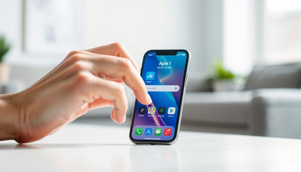 A vibrant, well-lit scene showcasing the process of downloading an app on an iPhone. The device is displayed prominently in the foreground, its sleek glass surface reflecting the surrounding environment. The user's hand gently interacts with the touchscreen, navigating through the intuitive app store interface. The background features a blurred, out-of-focus representation of a modern, minimalist home or office setting, providing context without distracting from the main action. The lighting is soft and natural, accentuating the device's premium design and the user's comfortable, effortless interaction. The overall mood is one of simplicity, efficiency, and the seamless integration of technology into daily life.