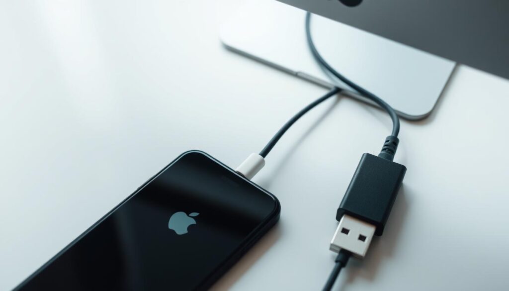 A well-lit, close-up photograph of an iPhone and a computer connected by a USB cable. The iPhone and computer are placed on a clean, minimalist desk or table, with a neutral background. The image should convey a sense of simplicity and focus, highlighting the ease of connecting an iPhone to a computer via a USB cable. The lighting should be soft and natural, creating a clear, detailed view of the devices and the connection. The angle should be slightly elevated, giving a birds-eye perspective on the setup. The overall mood should be calm and informative, reflecting the instructional nature of the article section.