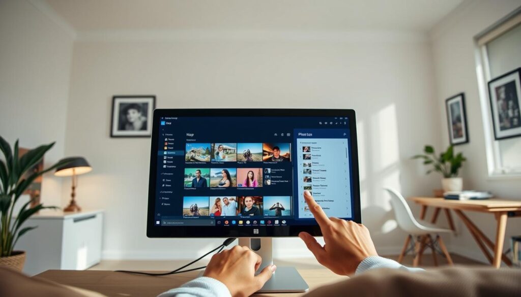 A well-lit, detailed interior scene depicting the usage of the Windows Photos app. The foreground shows a computer screen displaying the Photos app interface, with various photo thumbnails and menu options clearly visible. The middle ground features a person's hands interacting with the app, scrolling through photos and selecting options. The background showcases a clean, modern home office environment with a desk, chair, and other minimal decor elements. Soft, directional lighting creates depth and highlights the key elements. The overall mood is calm, focused, and informative, suitable for illustrating a "how-to" article section. A well-lit, detailed interior scene depicting the usage of the Windows Photos app. The foreground shows a computer screen displaying the Photos app interface, with various photo thumbnails and menu options clearly visible. The middle ground features a person's hands interacting with the app, scrolling through photos and selecting options. The background showcases a clean, modern home office environment with a desk, chair, and other minimal decor elements. Soft, directional lighting creates depth and highlights the key elements. The overall mood is calm, focused, and informative, suitable for illustrating a "how-to" article section.