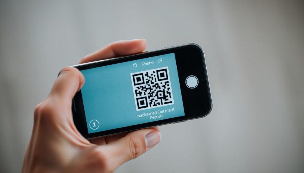 A well-lit, high-angle shot of an iPhone held in a person's hand, the camera app open and focused on a QR code. The code is prominently displayed, its intricate black-and-white patterns contrasting against the smooth, sleek surface of the iPhone. The background is blurred, creating a soft, out-of-focus effect that draws the viewer's attention to the QR code and the action of scanning it. The overall scene conveys a sense of ease and efficiency, capturing the simple, intuitive process of scanning a QR code with an iPhone.