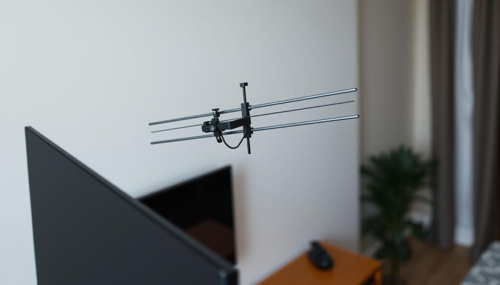 A well-lit, high-angle view of a neatly arranged home entertainment setup, with a television in the foreground and a wall-mounted antenna in the middle ground. The antenna has various adjustable components, such as rotatable elements and extendable/retractable rods, showcasing the process of fine-tuning its position for optimal signal reception. The background features a minimalist, slightly blurred interior design, emphasizing the importance of the antenna setup. The overall scene conveys a sense of technical precision and attention to detail, capturing the essence of the "Ustawienie anteny dla optymalnego odbioru" section of the article. A well-lit, high-angle view of a neatly arranged home entertainment setup, with a television in the foreground and a wall-mounted antenna in the middle ground. The antenna has various adjustable components, such as rotatable elements and extendable/retractable rods, showcasing the process of fine-tuning its position for optimal signal reception. The background features a minimalist, slightly blurred interior design, emphasizing the importance of the antenna setup. The overall scene conveys a sense of technical precision and attention to detail, capturing the essence of the "Ustawienie anteny dla optymalnego odbioru" section of the article.