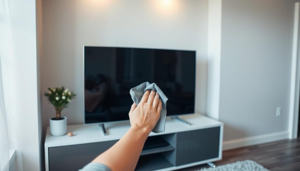 A well-lit home interior with a large modern flatscreen television set placed on a sleek media console. The television screen is slightly tilted, allowing for easy access and cleaning. The surrounding area is free of clutter, showcasing a minimalist and organized space. The lighting is soft and indirect, creating a warm and inviting atmosphere. A person's hands are gently wiping the television screen with a microfiber cloth, carefully removing any dust or smudges, leaving a perfectly clean and streak-free display.
