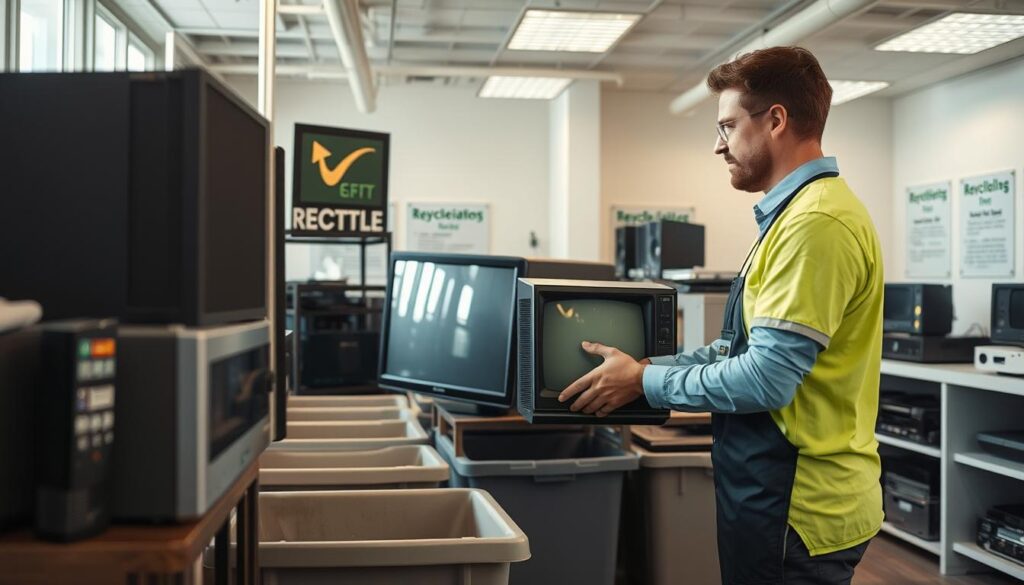 A well-lit modern recycling center interior, with a prominent display of various electronic devices being turned in, including a vintage CRT television set, a bulky desktop computer, and outdated audio equipment. The foreground features a customer handing over an old TV to a helpful staff member, who is carefully inspecting and cataloging the device. The middle ground showcases organized bins and shelves where the collected items are sorted and stored, while the background reveals a clean, organized workspace with signage explaining the proper procedures for responsible e-waste disposal. Soft, natural lighting filters in, conveying a sense of environmental consciousness and civic responsibility.