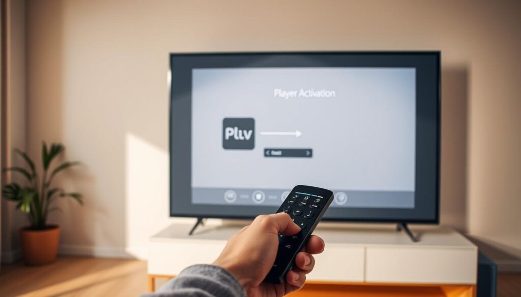 A well-lit, step-by-step instructional scene depicting the process of connecting a media player to a smart TV. The foreground shows a person's hands holding a remote control, interacting with a sleek, modern TV display. The middle ground features the TV interface, with clear UI elements and icons indicating the player activation process. The background showcases a clean, minimalist living room setting, with subtle lighting and warm tones creating a calm, informative atmosphere. Technical details such as camera angle, lens, and lighting are optimized to provide a clear, engaging visual guide for the viewer. A well-lit, step-by-step instructional scene depicting the process of connecting a media player to a smart TV. The foreground shows a person's hands holding a remote control, interacting with a sleek, modern TV display. The middle ground features the TV interface, with clear UI elements and icons indicating the player activation process. The background showcases a clean, minimalist living room setting, with subtle lighting and warm tones creating a calm, informative atmosphere. Technical details such as camera angle, lens, and lighting are optimized to provide a clear, engaging visual guide for the viewer.