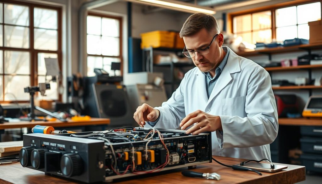 A well-lit workshop interior, with a technician in a white lab coat focused on repairing a disassembled cable television decoder on a workbench. The scene is illuminated by bright, natural light streaming in through large windows, casting warm shadows and highlights on the intricate components. The background features various tools, equipment, and shelves stocked with spare parts, conveying a sense of professionalism and expertise. The technician's expression is one of concentration, their hands delicately manipulating the delicate circuitry, ready to solve the problem and restore the decoder to full functionality.