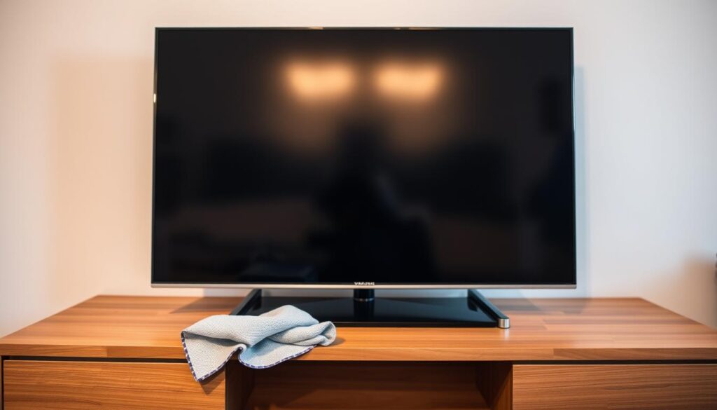 A well-maintained television set, bathed in soft, diffused lighting, taking center stage on a sleek, minimalist wooden cabinet. The screen's surface gleams, free from smudges or dust, reflecting the serene ambiance of the room. In the foreground, a microfiber cloth rests, ready to gently caress the display, removing any lingering imperfections. The scene exudes a sense of care and attention, emphasizing the importance of preserving the television's pristine condition for an optimal viewing experience.