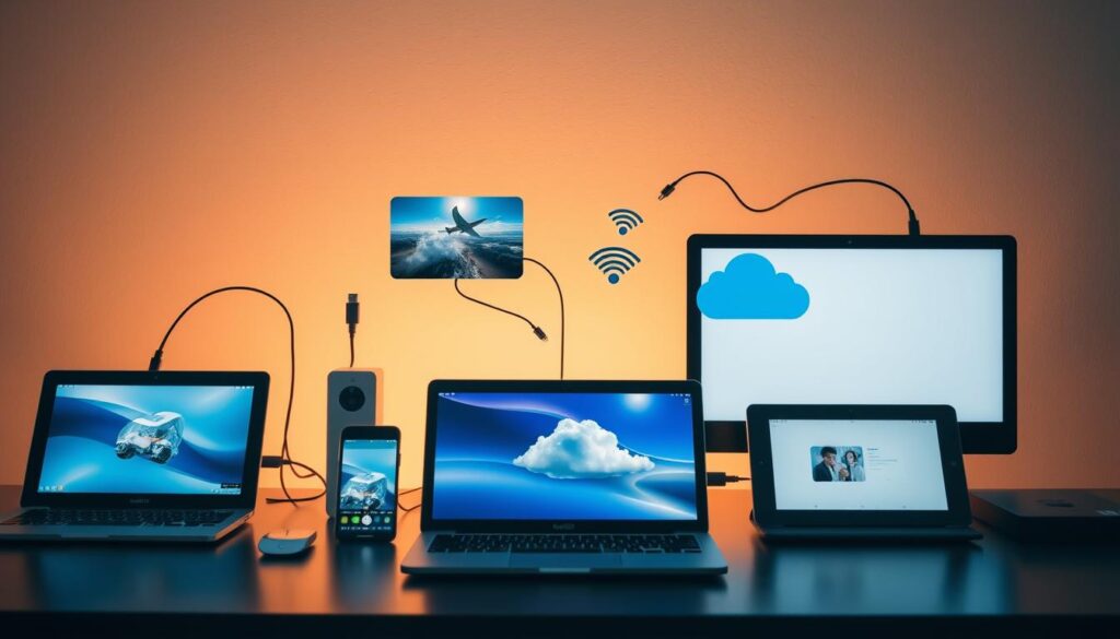 A wide range of devices displaying various methods for transferring photos, including direct cable connections, wireless sharing, cloud storage, and email. The scene is bathed in a warm, soft light, creating a calming and professional atmosphere. The composition features a balanced arrangement of technology elements, with clean, minimalist styling to convey a sense of simplicity and efficiency. The image should provide a comprehensive visual overview of the different photo transfer options covered in the article's "Metody przesyłania zdjęć: przegląd" section.