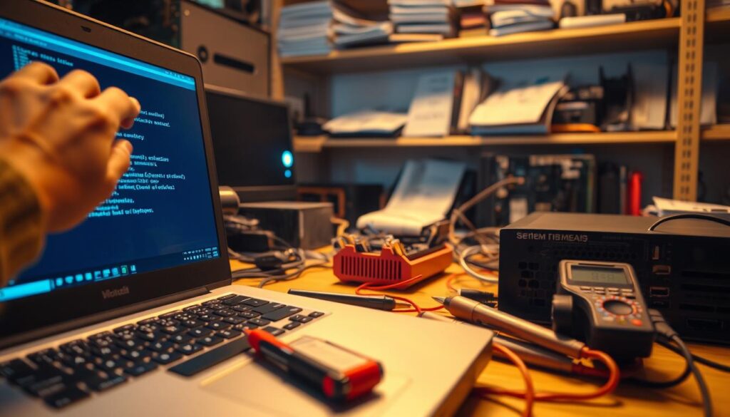 A workspace filled with computer components and diagnostic tools. In the foreground, a laptop screen displays system information, with a technician's hand reaching in to inspect the hardware. In the middle ground, a multimeter and screwdrivers lay on a desk, while in the background, shelves hold spare parts and technical manuals. Warm, focused lighting illuminates the scene, creating a sense of focused problem-solving. The overall atmosphere conveys a methodical, technical approach to troubleshooting computer startup issues.