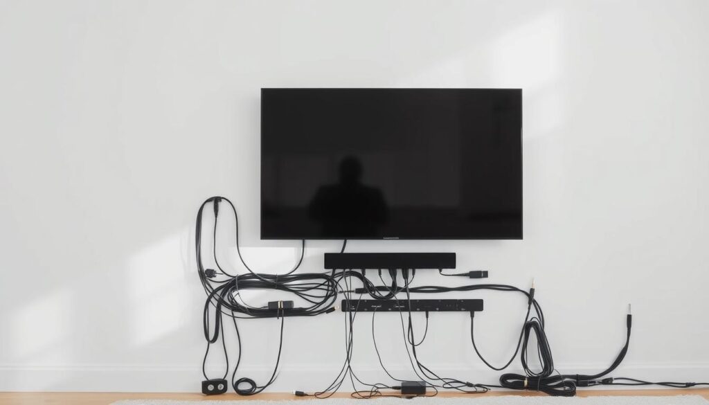 An organized array of various cables in a minimalist, well-lit interior setting. A clean, tidy setup with hidden cable management solutions, such as cable trays, raceways, or recessed wire channels, keeping the cords out of sight and preserving the aesthetic appeal of the wall-mounted television. The lighting is soft and diffused, creating a harmonious, uncluttered atmosphere. The composition emphasizes the practical yet elegant cable organization, showcasing effective techniques to conceal unsightly wires and maintain a visually appealing living space.