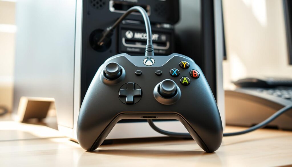 Detailed, high-resolution photograph of a Microsoft Xbox controller connected to a personal computer via a USB cable. The controller is positioned in the center of the frame, with the cable running from the controller to a USB port on the side of the computer tower. The computer desk is shown in the background, with a clean, organized workspace. The lighting is natural and soft, creating a warm, inviting atmosphere. The overall scene conveys a sense of functionality and ease of use, highlighting the simplicity of connecting an Xbox controller to a PC.