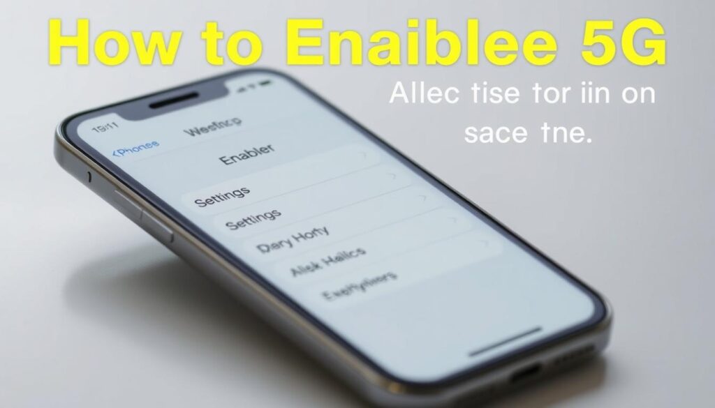 Detailed step-by-step guide on how to enable 5G on an iPhone, showcasing the settings menu with a clean, minimalist design. Soft lighting illuminates the iPhone's screen, displaying the 5G settings options. The iPhone is positioned at a slight angle, creating a sense of depth and highlighting the device's sleek, modern appearance. The background is blurred, keeping the focus on the iPhone and the settings interface. The overall mood is one of simplicity and clarity, guiding the viewer through the process of activating 5G on their iPhone.