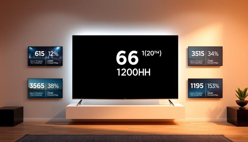 Ranking of 65-inch 120Hz televisions: a sleek, modern display showcasing high-end models for gamers and cinephiles. A minimalist setup with a central TV surrounded by a stylized grid of smaller images, each highlighting key specifications and performance metrics. Soft, warm lighting casts an inviting glow, while clean lines and a refined color palette convey a sense of sophistication. The composition emphasizes the televisions' visual impact, inviting the viewer to explore the top recommended options. Precise, technical details complement the artful presentation, creating a balanced and informative visual asset.