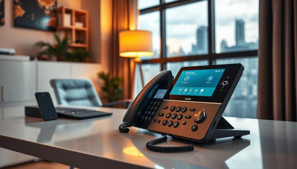 Sleek VoIP devices in a modern home office setting. A high-end desk, ergonomic chair, and minimalist decor create a professional atmosphere. The VoIP phone is the focal point, its screen displaying connection status and call details. Subtle lighting from a floor lamp casts a warm glow, enhancing the high-tech ambiance. The room's large window offers a glimpse of a bustling city skyline, underscoring the global connectivity enabled by VoIP services. An elegant, high-quality aesthetic that communicates the reliability and versatility of VoIP technology for making calls.