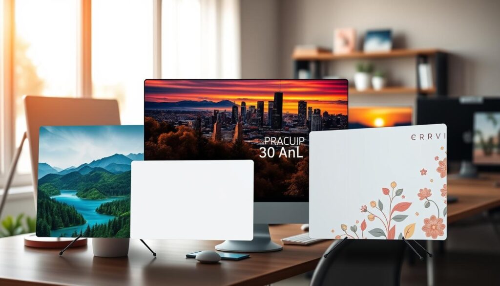A beautifully arranged collage of various desktop wallpaper types, showcasing their diversity. In the foreground, display five distinct wallpapers: a serene nature scene with lush green forests and a tranquil lake; a vibrant city skyline at sunset with dramatic colors; an abstract geometric design in bold colors; a minimalistic white and grey pattern; and a classic vintage aesthetic featuring retro floral motifs. In the middle, a subtle gradient backdrop that gently blends into the wallpapers. The background should be a softly blurred office setting with a modern computer setup, illuminated by natural light, creating a warm and inviting atmosphere. The overall mood should be inspiring and creative, inviting viewers to choose their ideal wallpaper. The angle should be slightly tilted to add depth to the composition.