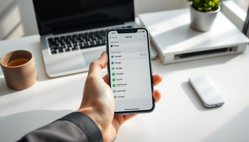 A clean, modern workspace setting featuring an iPhone placed prominently on a sleek desk. In the foreground, a pair of hands in professional attire gently holds the iPhone, demonstrating the process of clearing the cache. The middle layer shows a clear screen with settings visible, specifically the "Storage" and "Cache" sections, emphasizing the steps needed to free up space. The background includes a softly blurred desktop environment with a laptop and potted plant, creating a serene and productive atmosphere. Soft, natural lighting enhances the scene, casting gentle shadows and reflections on the desk. The overall mood is informative and calming, suitable for a tutorial illustration.