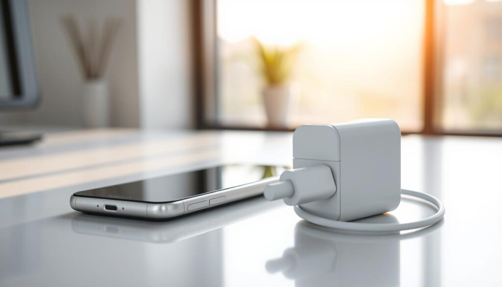 A close-up image of a high-quality iPhone 14 charger on a sleek, modern desk. The charger is white with a minimalistic design, featuring a durable, flexible cable that is neatly wound beside it. In the background, soft, natural light filters through a nearby window, creating a warm and inviting atmosphere. A subtle reflection on the desk surface enhances the image's elegance. In the middle ground, an iPhone 14 lies partially visible, showcasing the seamless connection to the charger. The composition focuses on the charger’s features, such as its sturdy build and compact size, while maintaining a clean and professional look in the overall presentation. The mood is fresh and modern, ideal for a tech review context. A close-up image of a high-quality iPhone 14 charger on a sleek, modern desk. The charger is white with a minimalistic design, featuring a durable, flexible cable that is neatly wound beside it. In the background, soft, natural light filters through a nearby window, creating a warm and inviting atmosphere. A subtle reflection on the desk surface enhances the image's elegance. In the middle ground, an iPhone 14 lies partially visible, showcasing the seamless connection to the charger. The composition focuses on the charger’s features, such as its sturdy build and compact size, while maintaining a clean and professional look in the overall presentation. The mood is fresh and modern, ideal for a tech review context.
