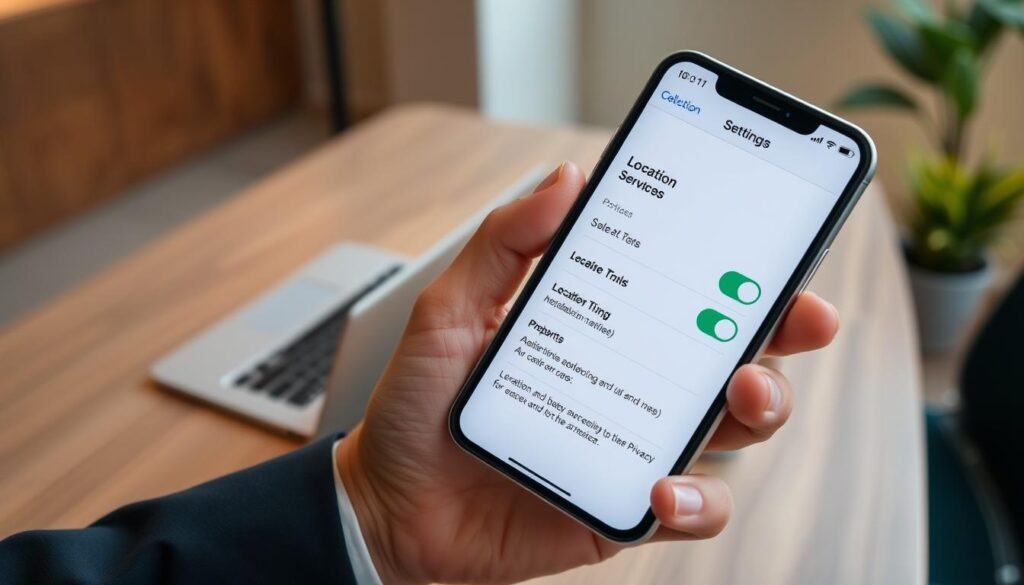 A close-up image of an iPhone screen displaying the location settings menu, with the "Location Services" toggle prominently highlighted in the off position. The foreground features the iPhone held in a professional person's hand, wearing a smart casual outfit. The middle ground includes a sleek wooden table with a soft-focus laptop and a small potted plant, suggesting a workspace. The background is slightly blurred to keep the focus on the phone, with neutral tones enhancing a calm atmosphere. The lighting is warm and inviting, illuminating the phone screen clearly, creating a sense of clarity and control over privacy settings. The overall mood is informative and reassuring, emphasizing personal empowerment in managing device privacy.
