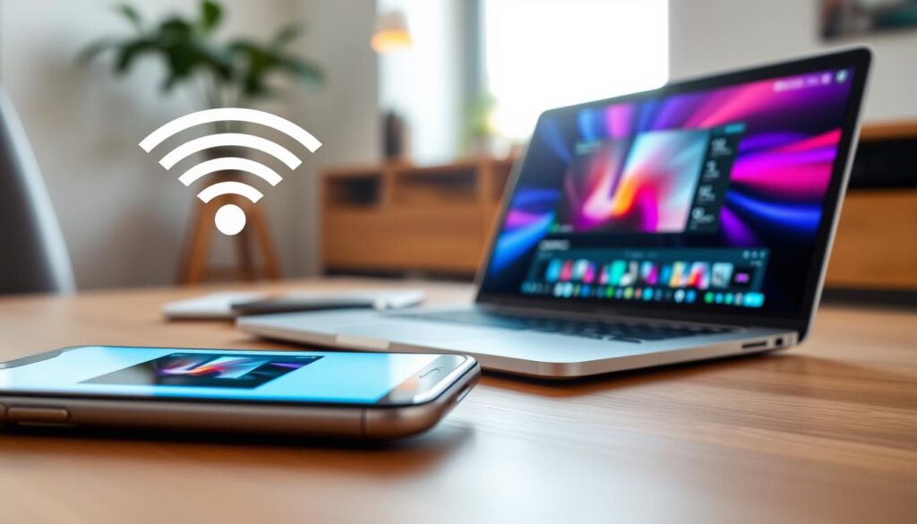 A close-up scene depicting a modern smartphone wirelessly transferring videos to a sleek laptop. In the foreground, the smartphone has a bright screen displaying a video thumbnail, with a glowing Wi-Fi signal symbol above it. The middle ground features the laptop, showcasing a vibrant video player interface, with the screen reflecting dynamic colors. The background includes a stylish, minimalistic home office environment with soft, natural lighting coming through a nearby window, creating a warm and inviting atmosphere. The overall mood is efficient and tech-savvy, with a slight sense of ease and convenience. Use a shallow depth of field to keep the focus on the devices while gently blurring the background elements, emphasizing the action of transferring files.