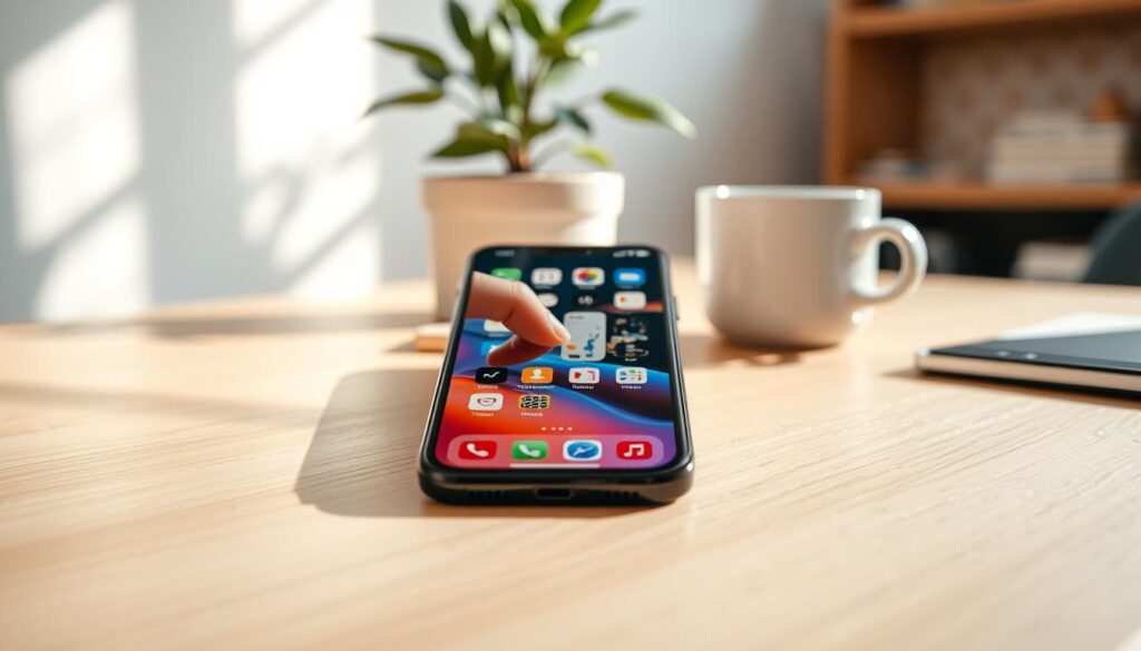 A close-up shot of an iPhone 11 displaying the screenshot feature in action. In the foreground, the sleek device is prominently positioned on a minimalist wooden desk, with a hand gently touching the screen to capture a moment. The screen shows a vibrant, colorful app interface, showcasing various vibrant icons and content. In the middle ground, soft shadows fall around the phone, with a blurred background revealing a cozy, well-lit home office setting with a potted plant and a coffee mug for a warm atmosphere. The lighting is bright and inviting, simulating natural daylight. The overall mood is professional yet relaxed, emphasizing the ease of taking a screenshot on the iPhone 11. A close-up shot of an iPhone 11 displaying the screenshot feature in action. In the foreground, the sleek device is prominently positioned on a minimalist wooden desk, with a hand gently touching the screen to capture a moment. The screen shows a vibrant, colorful app interface, showcasing various vibrant icons and content. In the middle ground, soft shadows fall around the phone, with a blurred background revealing a cozy, well-lit home office setting with a potted plant and a coffee mug for a warm atmosphere. The lighting is bright and inviting, simulating natural daylight. The overall mood is professional yet relaxed, emphasizing the ease of taking a screenshot on the iPhone 11.