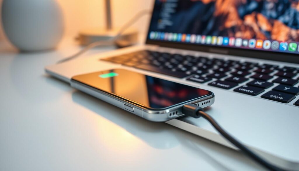 A close-up shot of an iPhone being charged via a USB cable connected to a laptop. The foreground features the iPhone, showcasing its sleek design and glowing battery icon indicating charging status. The middle ground captures the laptop with a modern keyboard and screen displaying a desktop interface, creating a sense of technology in use. The background includes a softly blurred workspace, hinting at a cozy environment with warm lighting, enhancing the mood of productivity. The lighting is soft and evenly distributed, emphasizing the reflections on the phone’s surface. The composition is shot from a slight overhead angle, providing a dynamic perspective. The scene is clean and professional, depicting a practical and relatable charging scenario. A close-up shot of an iPhone being charged via a USB cable connected to a laptop. The foreground features the iPhone, showcasing its sleek design and glowing battery icon indicating charging status. The middle ground captures the laptop with a modern keyboard and screen displaying a desktop interface, creating a sense of technology in use. The background includes a softly blurred workspace, hinting at a cozy environment with warm lighting, enhancing the mood of productivity. The lighting is soft and evenly distributed, emphasizing the reflections on the phone’s surface. The composition is shot from a slight overhead angle, providing a dynamic perspective. The scene is clean and professional, depicting a practical and relatable charging scenario.
