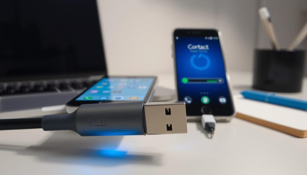 A close-up view of a USB cable connecting an iPhone to an Android device, showcasing the data transfer process. In the foreground, the focus is on the glowing connectors of the USB cable, with a subtle blue and green light indicating active data transfer. The middle ground features the iPhone screen displaying contact files and the Android screen showing a progress bar. The background is softly blurred, highlighting a modern desk setup with a laptop and a notepad, suggesting a professional data transfer environment. The lighting is bright and clear, creating a tech-savvy atmosphere, ideal for illustrating efficient and secure data exchange. The composition should evoke a sense of simplicity and privacy during the transfer process.