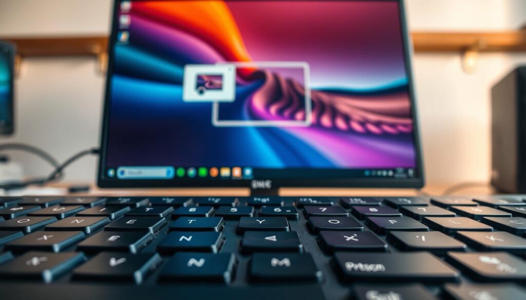 A close-up view of a computer keyboard with a focus on highlighted keys used for screenshot shortcuts, such as "PrtScn" and "Windows key + Shift + S." The keyboard is positioned prominently in the foreground, with well-defined key textures and a cool, modern aesthetic. In the middle ground, a vibrant desktop screen displaying a simplified graphical representation of a screenshot being captured – a rectangular outline forming around an image on the screen. The background features a softly blurred workstation with ambient lighting, creating a productive atmosphere. The lighting should be natural and warm, emphasizing the keys and screen interaction, portraying a sense of focused productivity and efficiency. A close-up view of a computer keyboard with a focus on highlighted keys used for screenshot shortcuts, such as "PrtScn" and "Windows key + Shift + S." The keyboard is positioned prominently in the foreground, with well-defined key textures and a cool, modern aesthetic. In the middle ground, a vibrant desktop screen displaying a simplified graphical representation of a screenshot being captured – a rectangular outline forming around an image on the screen. The background features a softly blurred workstation with ambient lighting, creating a productive atmosphere. The lighting should be natural and warm, emphasizing the keys and screen interaction, portraying a sense of focused productivity and efficiency.