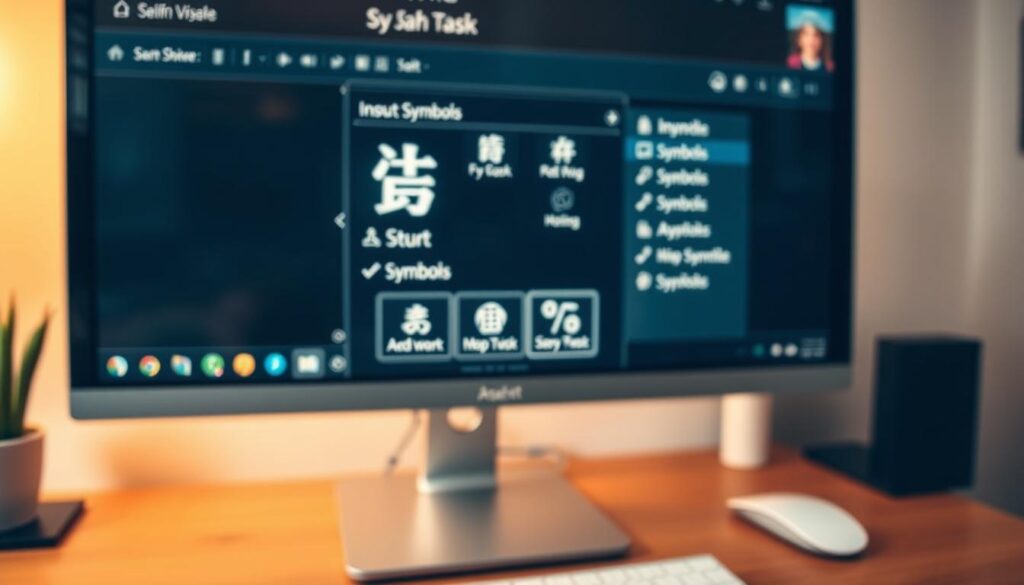 A close-up view of a computer screen displaying a digital interface for inserting special characters, specifically focusing on the character "ź." In the foreground, a sleek cursor hovers over the character, highlighting its importance. In the middle, various options or menus showcasing different methods of inputting symbols without a keyboard are clearly visible. The background features a stylish, modern workspace with a soft-focus on a minimalistic desk and ambient lighting to create a warm and inviting atmosphere. The image conveys a sense of professionalism and convenience, effectively illustrating a practical solution for inserting special characters in digital documents. The lighting should be warm and inviting, emphasizing clarity on the screen without any distractions.