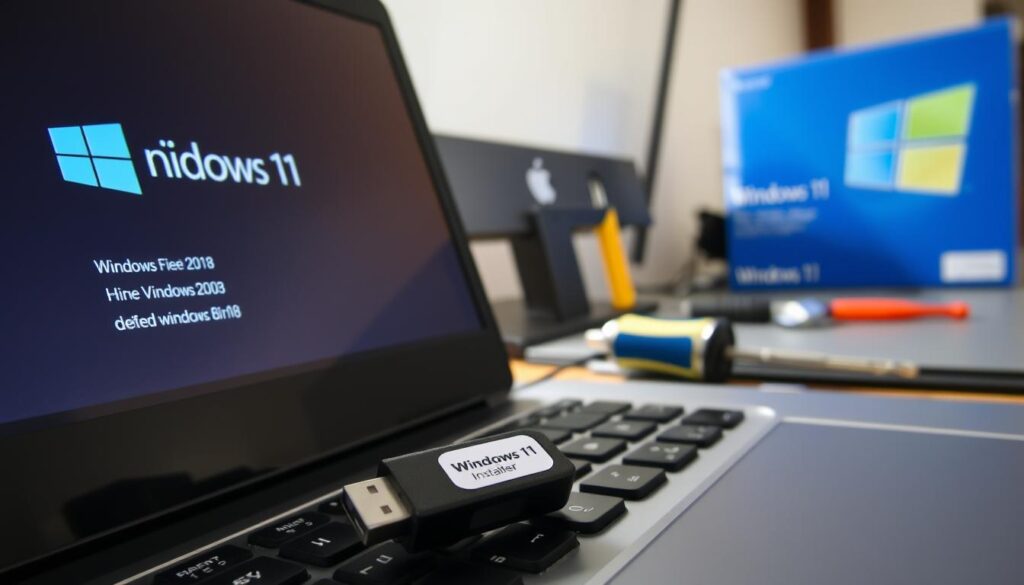 A close-up view of a computer setup focused on creating a Windows 11 installation media. In the foreground, a laptop screen displays the Windows 11 logo and the installation process, with progress bars and options clearly visible. The middle layer features a USB flash drive connected to the laptop, showcasing a small label with 'Windows 11 Installer' on it. In the background, a neatly organized desk with technical tools like a screwdriver, and a Windows 11 box is visible, softly blurred for depth. Bright, natural lighting illuminates the scene, casting soft shadows and creating a focused, professional atmosphere. The lens captures a slight angle to emphasize the laptop screen while ensuring clarity and detail throughout the image. A close-up view of a computer setup focused on creating a Windows 11 installation media. In the foreground, a laptop screen displays the Windows 11 logo and the installation process, with progress bars and options clearly visible. The middle layer features a USB flash drive connected to the laptop, showcasing a small label with 'Windows 11 Installer' on it. In the background, a neatly organized desk with technical tools like a screwdriver, and a Windows 11 box is visible, softly blurred for depth. Bright, natural lighting illuminates the scene, casting soft shadows and creating a focused, professional atmosphere. The lens captures a slight angle to emphasize the laptop screen while ensuring clarity and detail throughout the image.