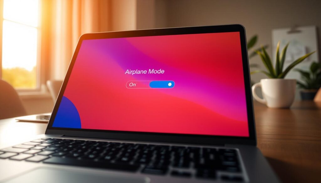 A close-up view of a laptop screen displaying the airplane mode setting being turned off. In the foreground, the laptop's touchpad and keyboard are slightly blurred, creating focus on the vibrant screen. The middle ground features a clear and vivid graphical interface, showing the airplane mode toggle switched from "On" to "Off" with bright colors. In the background, a softly lit office environment with a modern desk setup, featuring a potted plant and a cup of coffee, adds a professional touch. The image is illuminated by warm, natural light coming from a nearby window, creating a welcoming and focused atmosphere. The angle is slightly above eye level, giving a sense of depth and clarity to the scene, emphasizing the task at hand. A close-up view of a laptop screen displaying the airplane mode setting being turned off. In the foreground, the laptop's touchpad and keyboard are slightly blurred, creating focus on the vibrant screen. The middle ground features a clear and vivid graphical interface, showing the airplane mode toggle switched from "On" to "Off" with bright colors. In the background, a softly lit office environment with a modern desk setup, featuring a potted plant and a cup of coffee, adds a professional touch. The image is illuminated by warm, natural light coming from a nearby window, creating a welcoming and focused atmosphere. The angle is slightly above eye level, giving a sense of depth and clarity to the scene, emphasizing the task at hand.