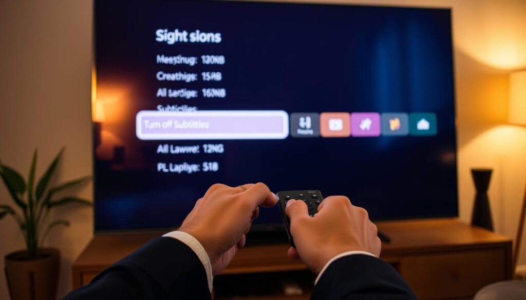 A close-up view of a modern LG television screen displaying the settings menu, emphasizing the "Turn off Subtitles" option highlighted. The background is softly blurred, focusing attention on the crisp interface of the TV. The room is dimly lit to create a cozy atmosphere, casting gentle reflections on the screen, enhancing the tech-savvy feel. A pair of hands, dressed in a smart casual attire, is seen operating the remote control. The scene captures a moment of user engagement, showcasing a peaceful living room with minimalist decor. The lighting is warm, creating a relaxing mood, while the angle is slightly elevated to provide a clear view of the screen and the remote control in action. A close-up view of a modern LG television screen displaying the settings menu, emphasizing the "Turn off Subtitles" option highlighted. The background is softly blurred, focusing attention on the crisp interface of the TV. The room is dimly lit to create a cozy atmosphere, casting gentle reflections on the screen, enhancing the tech-savvy feel. A pair of hands, dressed in a smart casual attire, is seen operating the remote control. The scene captures a moment of user engagement, showcasing a peaceful living room with minimalist decor. The lighting is warm, creating a relaxing mood, while the angle is slightly elevated to provide a clear view of the screen and the remote control in action.