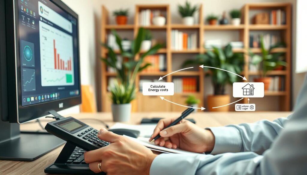 A close-up view of a modern desktop computer setup, featuring a computer tower, keyboard, and monitor with energy usage metrics displayed on the screen. In the foreground, a pair of hands, dressed in professional attire, using a calculator and taking notes on a notepad, emphasizing the act of calculating energy costs. In the middle ground, a flowchart illustrating the steps to calculate energy consumption, with arrows and icons related to electricity usage. The background should feature a softly lit office environment with potted plants and shelves lined with books for a warm, inviting atmosphere. The lighting is soft and natural, emanating from a nearby window, creating a focused yet relaxed mood that conveys the seriousness of the subject.