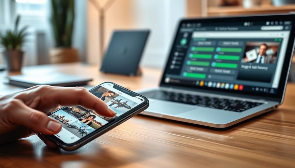 A close-up view of a modern iPhone on a sleek wooden desk, displaying a partially recovered image gallery interface. In the foreground, a focused hand is seen scrolling through thumbnail images, displaying both clear and blurred photos symbolizing recovery. In the middle, an open laptop shows a data recovery software screen with progress bars, hinting at the process of recovering lost images. The background is softly blurred, suggesting a cozy, well-lit home office environment with warm lighting reflecting a productive atmosphere. Use a shallow depth of field to emphasize the iPhone and laptop while keeping a subtle and inviting mood, capturing the essence of photo recovery on an iPhone.