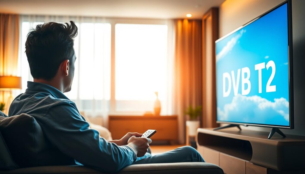 A close-up view of a modern living room featuring a sleek flat-screen television displaying a high-definition DVB-T2 symbol, symbolizing advanced terrestrial television technology. In the foreground, a user is seated on a comfortable couch, casually dressed and attentively focused on the screen, remote control in hand. The background shows a stylish home setup with soft ambient lighting, warm wooden accents, and a large window revealing a clear blue sky. Light filters through the window, creating a serene atmosphere. The emphasis is on the clear image quality and signal clarity of DVB-T2, showcasing its importance for viewers. The overall mood is optimistic and modern, reflecting the evolution of television technology. No text or overlays present.