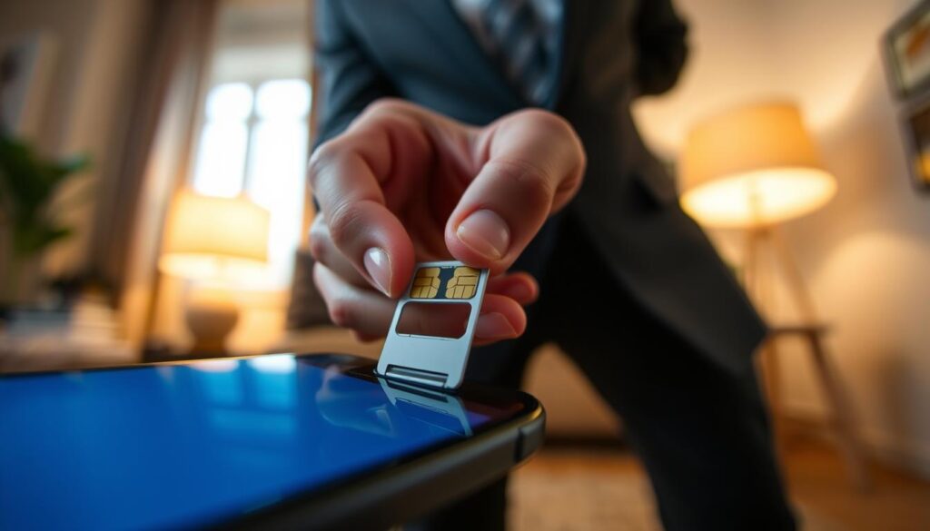 A close-up view of a person activating a SIM card in an iPhone, showcasing the process clearly. The foreground features a well-lit iPhone with its SIM card tray partially ejected, focusing on a hand gently inserting the SIM card. The middle ground highlights the iPhone's sleek design and the SIM card, with a blurred background of a cozy, well-lit room, emphasizing a tech-friendly atmosphere. Soft, natural lighting enhances the scene, creating a calm and focused mood. The camera angle is slightly tilted downwards to capture the action effectively. The person is dressed in professional business attire, ensuring a formal presentation.