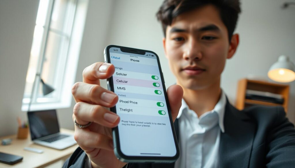 A close-up view of a person holding an iPhone in a well-lit room, demonstrating the process of activating MMS settings. The user is a young adult wearing professional attire, focused on the screen. In the foreground, the iPhone displays the Settings menu, highlighting the cellular and MMS options with vibrant colors. In the middle background, there is a subtle glimpse of a desk with a laptop and some stationery, conveying a tech-savvy atmosphere. Soft, natural light filters through a nearby window, creating an inviting and reliable ambiance. The angle should be slightly above eye level, showcasing the iPhone while ensuring the person's expression is determined and engaged. The overall mood is helpful and informative, encouraging users to learn how to enable MMS on their iPhones. A close-up view of a person holding an iPhone in a well-lit room, demonstrating the process of activating MMS settings. The user is a young adult wearing professional attire, focused on the screen. In the foreground, the iPhone displays the Settings menu, highlighting the cellular and MMS options with vibrant colors. In the middle background, there is a subtle glimpse of a desk with a laptop and some stationery, conveying a tech-savvy atmosphere. Soft, natural light filters through a nearby window, creating an inviting and reliable ambiance. The angle should be slightly above eye level, showcasing the iPhone while ensuring the person's expression is determined and engaged. The overall mood is helpful and informative, encouraging users to learn how to enable MMS on their iPhones.