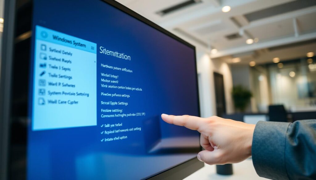 A close-up view of a sleek computer monitor displaying the Windows System Information interface, featuring a detailed breakdown of hardware specifications and software settings. The foreground showcases a hand of a professional in business attire interacting with the touchscreen, highlighting the user-friendly aspect of the interface. In the middle ground, the crisp text and vibrant graphics of the system details are clearly visible, enhancing the informational aspect. The background features a softly blurred modern office environment, with subtle lighting that creates a warm and inviting atmosphere. The angle is slightly tilted to emphasize both the screen and the user, capturing an engaging and focused moment of technology in use.